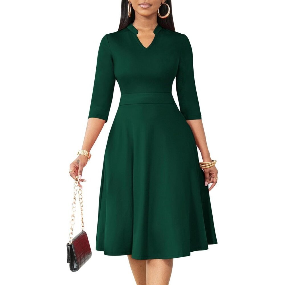 Women Pine Green 3/4 Sleeve Semi Formal Fit and Flare A-line  Dress with Pockets